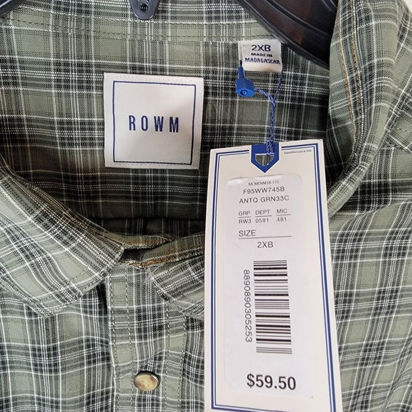 ROWM Shirt 2XB Snap Closure Long Sleeve Plaid Check Collar New NWT Green Big - Picture 3 of 7